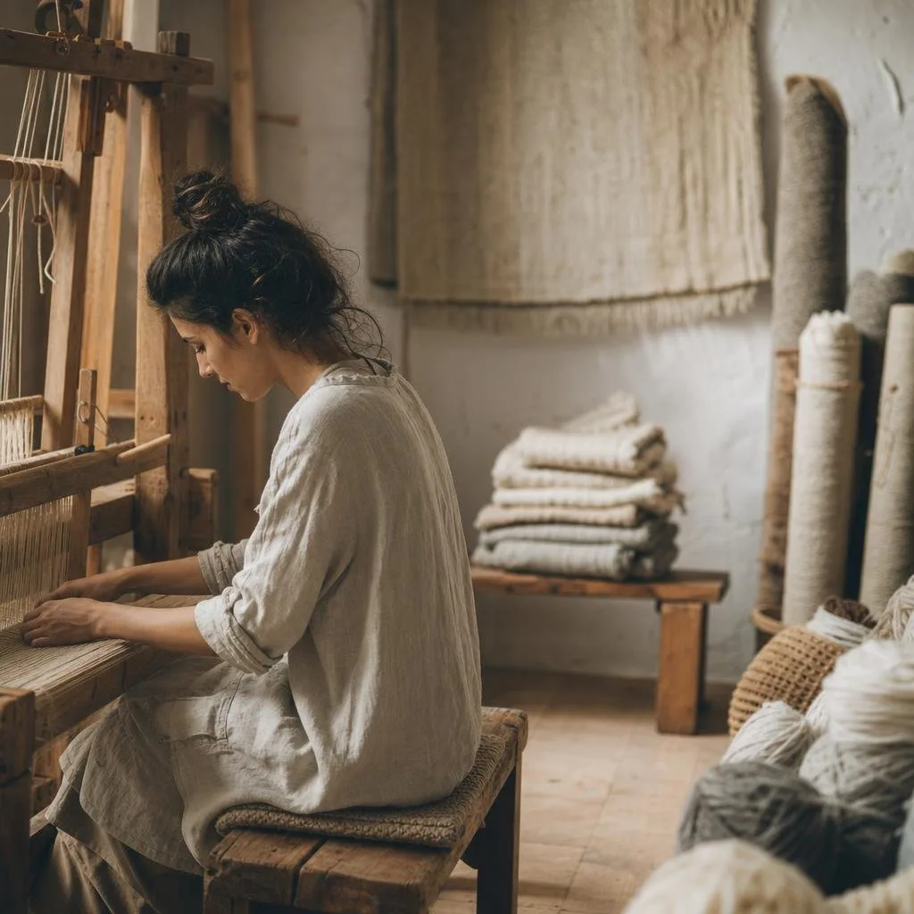 Weaver at a floor loom surrounded by natural-dyed wool yarn