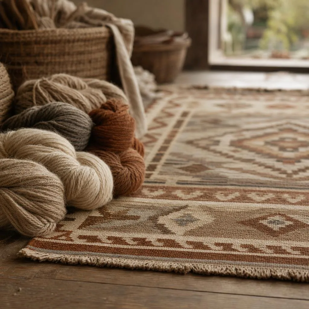 Skeins of natural-dyed wool and jute yarn beside a handwoven kilim